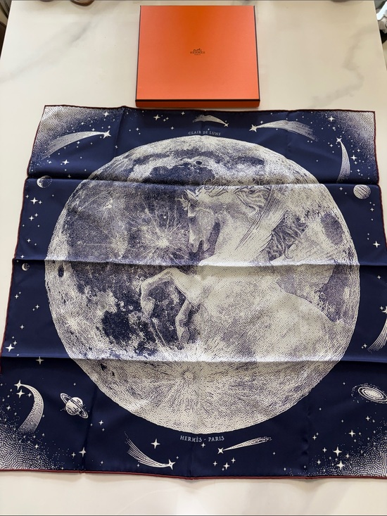 Hermes Accessories - Hermes Navy Blue and White Clair de Lune Silk Scarf 70